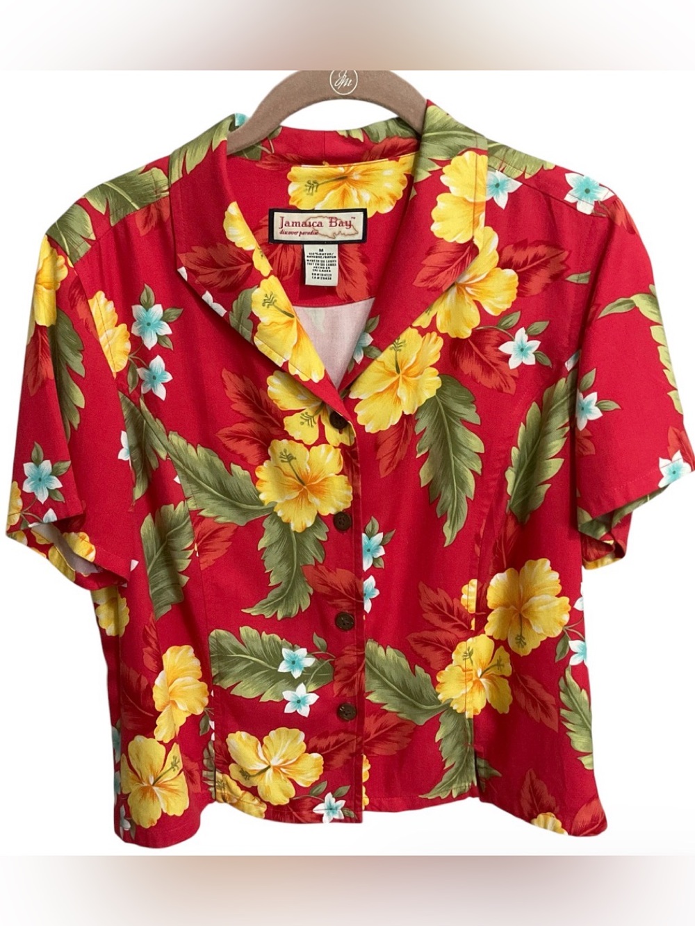Jamaica Bay Women's Medium Hibiscus Floral Rayon Hawaiian Aloha Camp Button Up